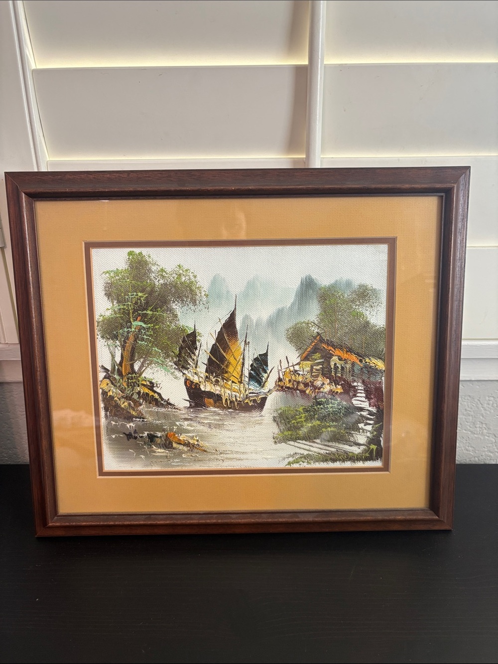 Vintage Chinese Junkboat Oil Painting Wood Frame.